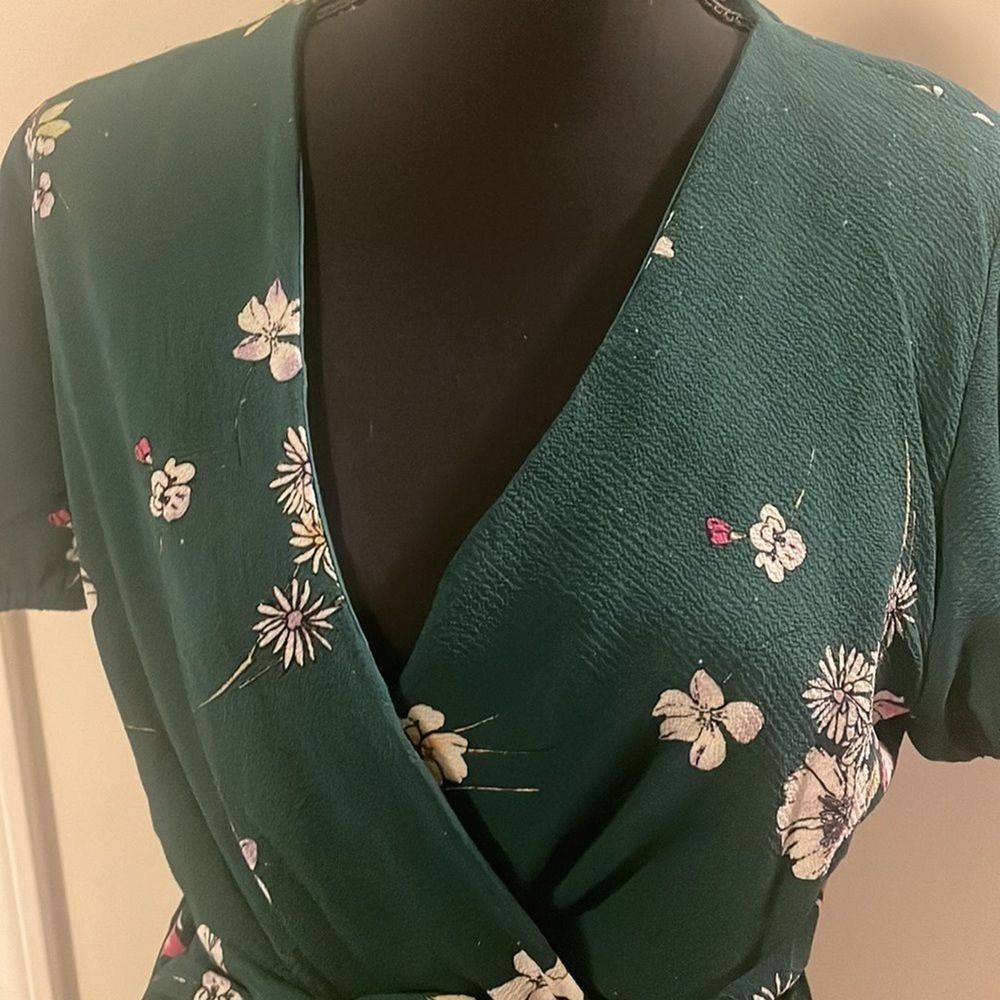 Purple Snow Forest Green Floral Wrap Mini Dress Puff Sleeve RSA4949 Womens XL - Picture 3 of 7